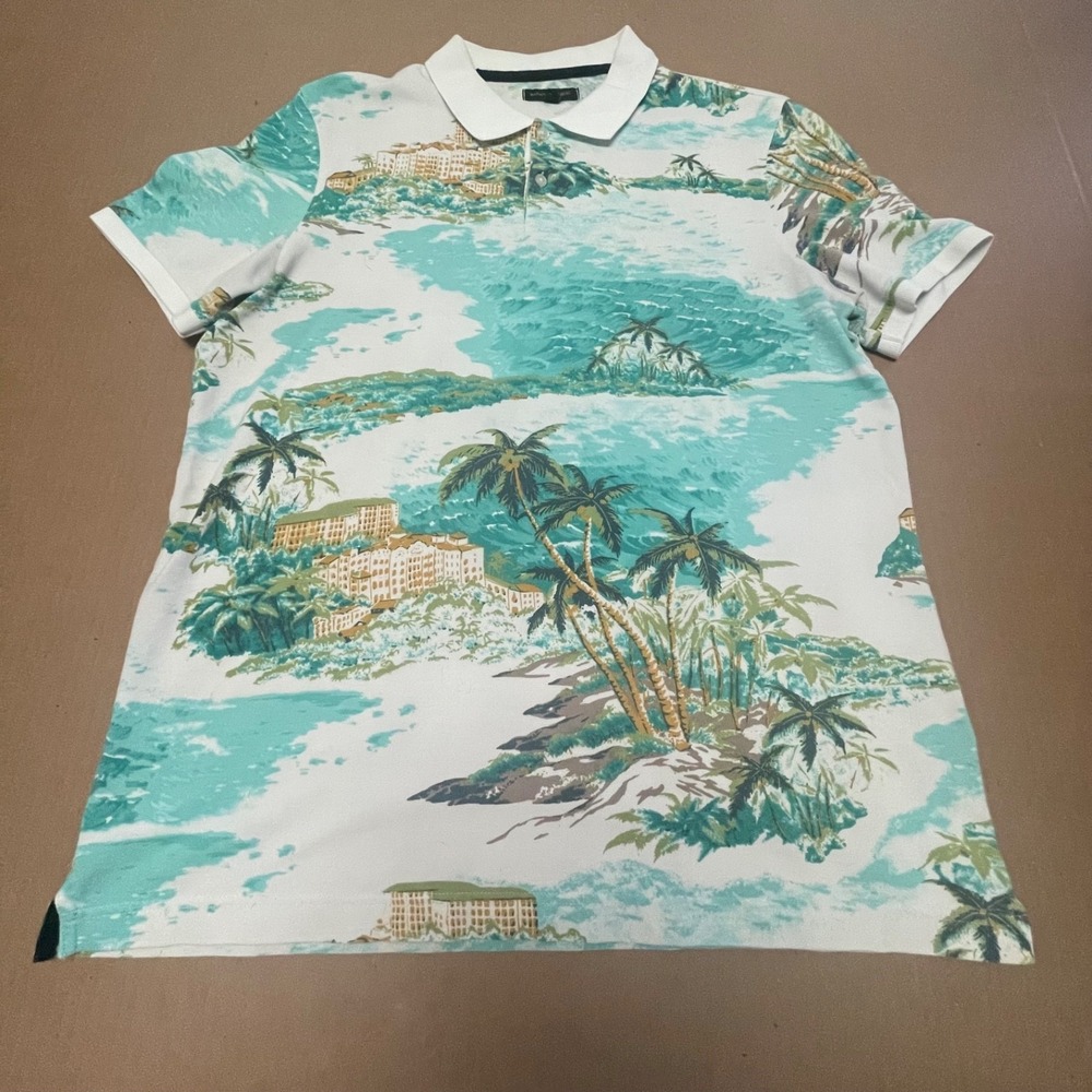 Banana Republic Hawaiian Tropical Mens Polo Shirt Size Large Cotton White Blue